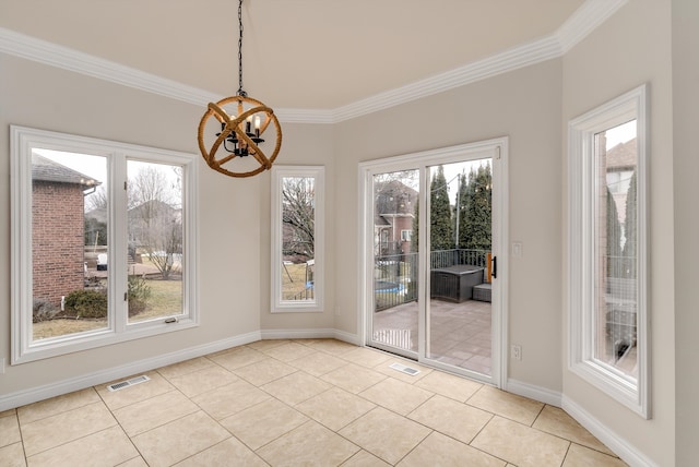 unfurnished dining area featuring light tile patterned floors, baseboards, visible vents, ornamental molding, and a notable chandelier