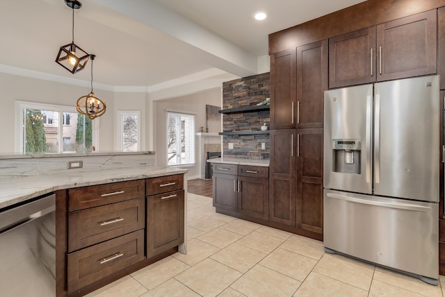 kitchen with stainless steel appliances, crown molding, hanging light fixtures, and open shelves