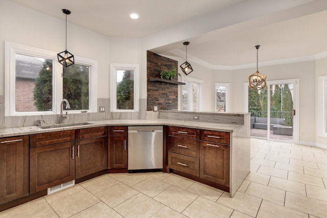 kitchen with a peninsula, a sink, visible vents, stainless steel dishwasher, and open shelves