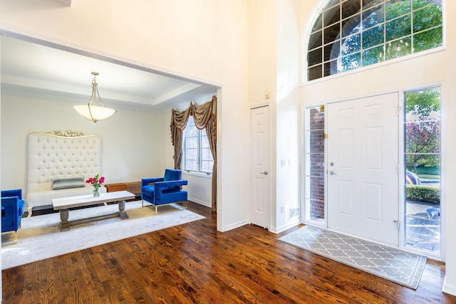 foyer entrance with a towering ceiling, baseboards, a raised ceiling, and dark wood-type flooring