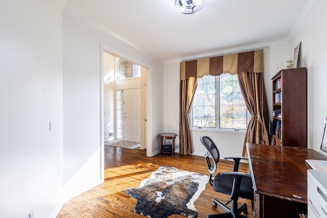 office with crown molding, baseboards, and wood finished floors