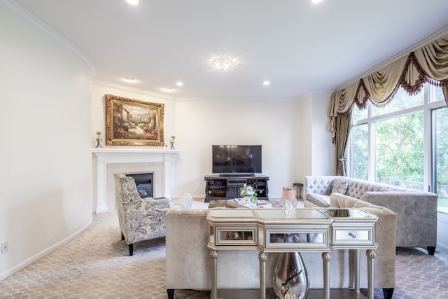 living area featuring baseboards, a premium fireplace, recessed lighting, and crown molding