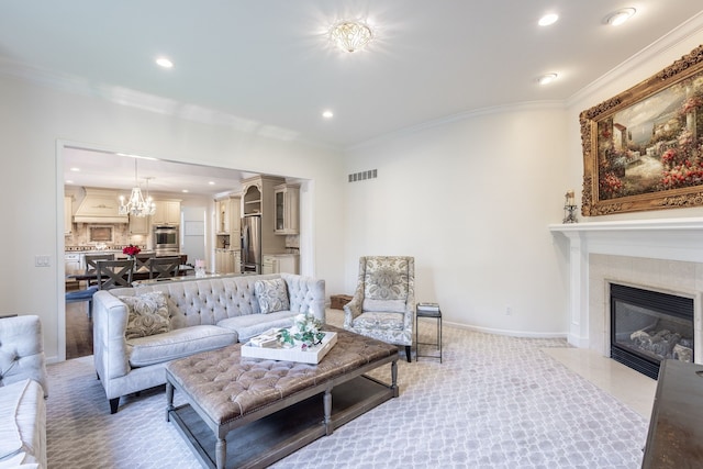 living area with a fireplace, visible vents, ornamental molding, light carpet, and baseboards