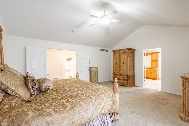 bedroom with light colored carpet, a ceiling fan, baseboards, vaulted ceiling, and visible vents