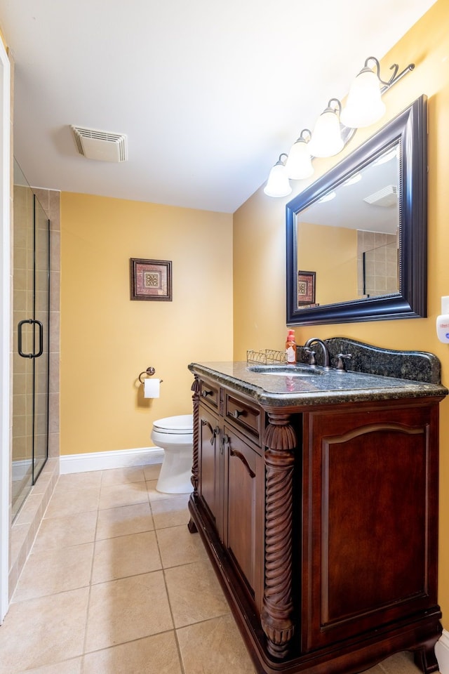 full bath with toilet, vanity, visible vents, tile patterned floors, and a stall shower