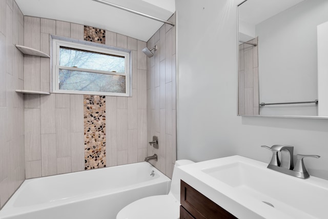 full bath featuring shower / bathtub combination, vanity, and toilet