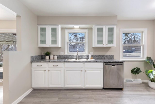 kitchen with a sink, a healthy amount of sunlight, light wood-type flooring, and dishwasher