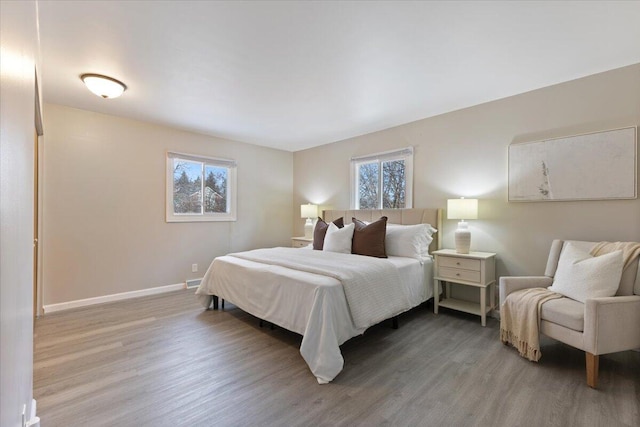 bedroom featuring multiple windows, baseboards, and wood finished floors