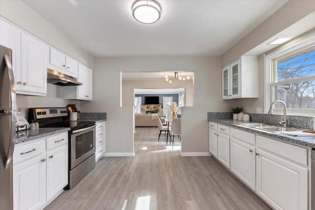 kitchen with light wood finished floors, appliances with stainless steel finishes, white cabinetry, a sink, and under cabinet range hood