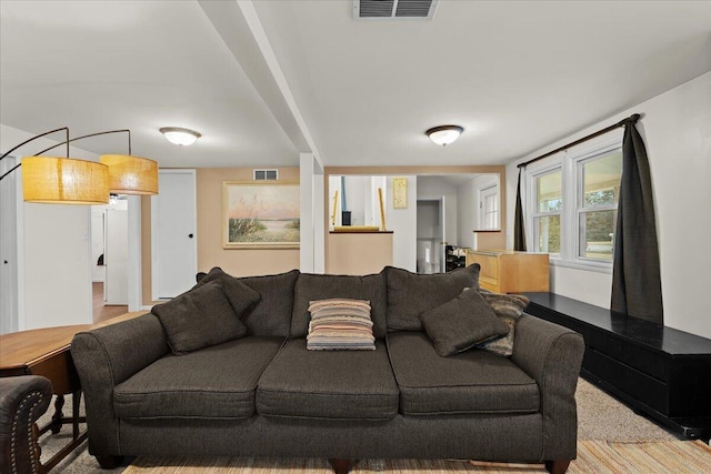 living area with visible vents and wood finished floors