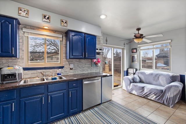 kitchen with blue cabinets, a sink, tasteful backsplash, and stainless steel dishwasher