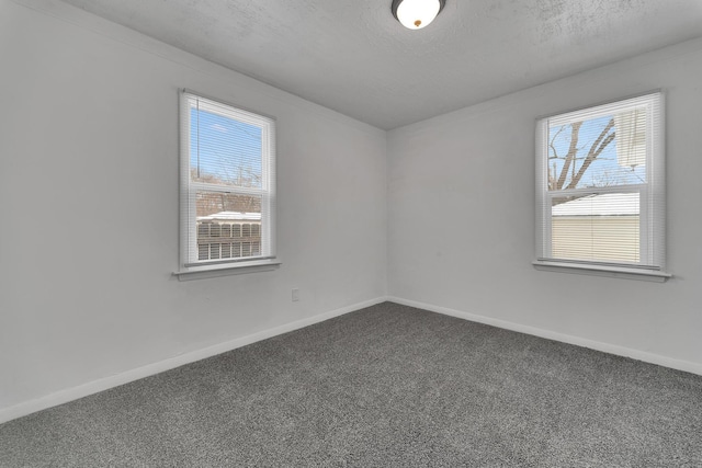 spare room with carpet, baseboards, and a textured ceiling