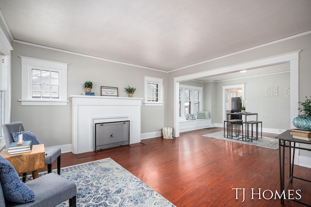 living area featuring baseboards, wood finished floors, a fireplace with flush hearth, and crown molding