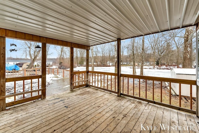 view of snow covered deck