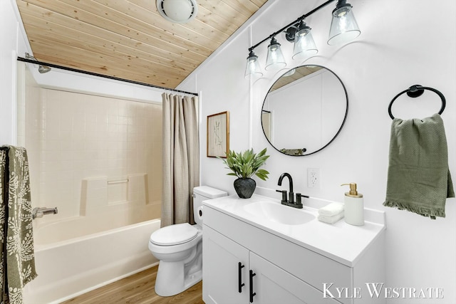 full bathroom with shower / bath combination with curtain, toilet, wood ceiling, vanity, and wood finished floors