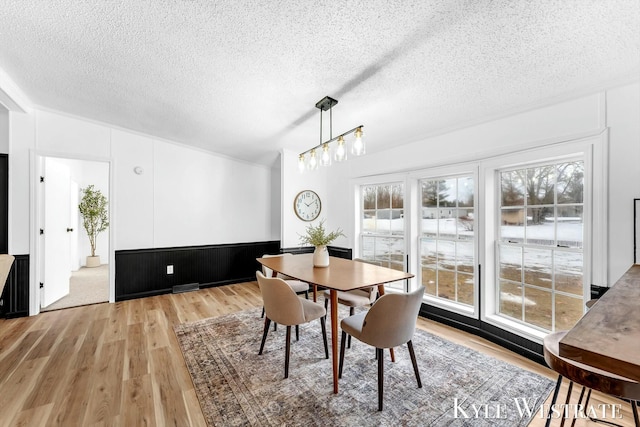 dining space with light wood-type flooring, a textured ceiling, and wainscoting