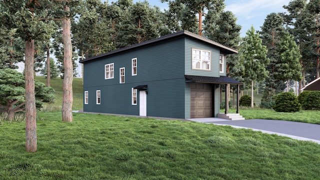 view of front of property with an attached garage, concrete driveway, and a front yard