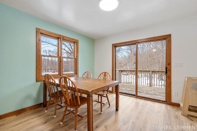 dining space with light wood finished floors and baseboards