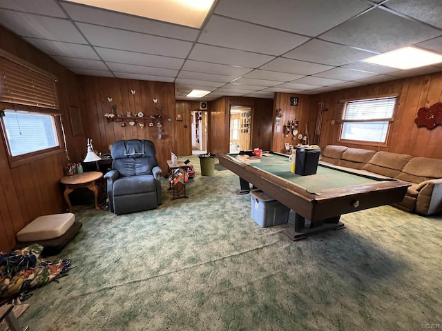 game room with carpet, billiards, a paneled ceiling, and wooden walls