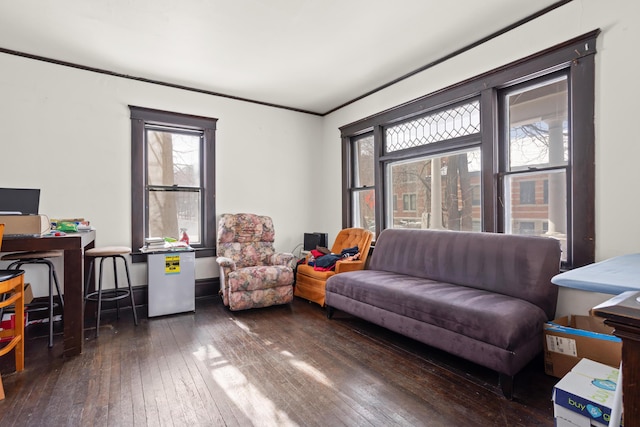 living area featuring a healthy amount of sunlight, wood-type flooring, and ornamental molding