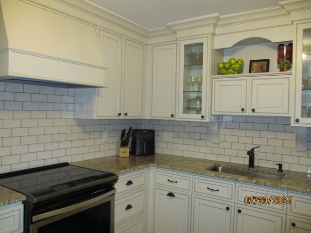 kitchen with a sink, custom exhaust hood, stainless steel electric range oven, tasteful backsplash, and crown molding