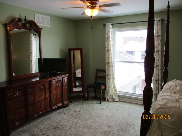 bedroom with ceiling fan and visible vents