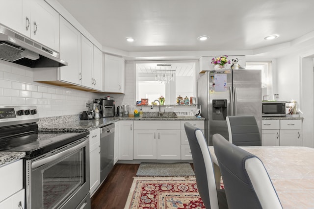 kitchen featuring under cabinet range hood, stainless steel appliances, a sink, white cabinetry, and dark wood finished floors