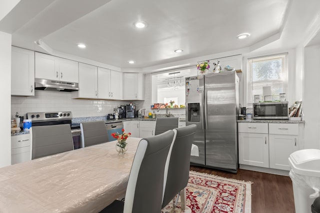 kitchen with white cabinets, under cabinet range hood, stainless steel appliances, and dark wood finished floors