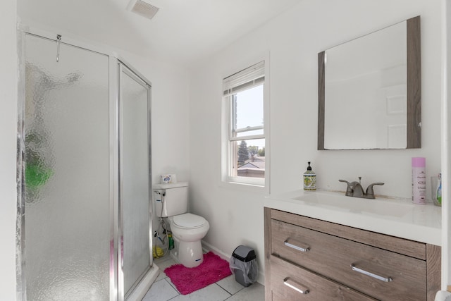 full bathroom with toilet, a shower stall, visible vents, and vanity