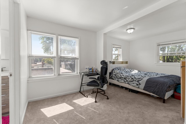 bedroom featuring carpet floors, multiple windows, and baseboards