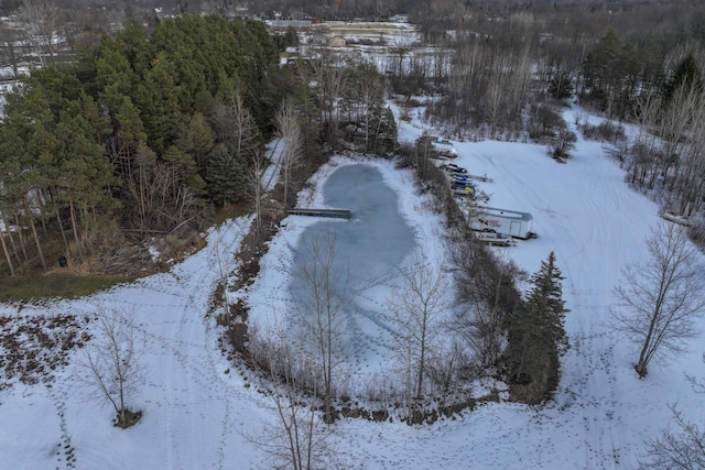 snowy aerial view with a view of trees