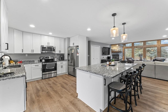 5235 Lahring Rd, Linden, MI 48451 - kitchen with a stone fireplace, light stone countertops, a sink, open floor plan, and stainless steel appliances