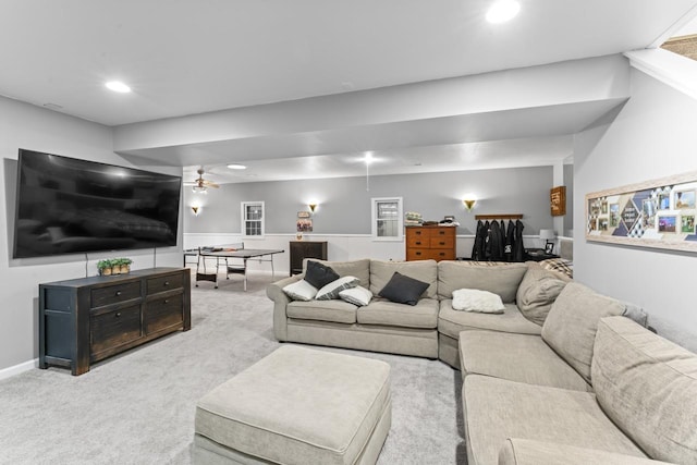 carpeted living room featuring recessed lighting, ceiling fan, and baseboards