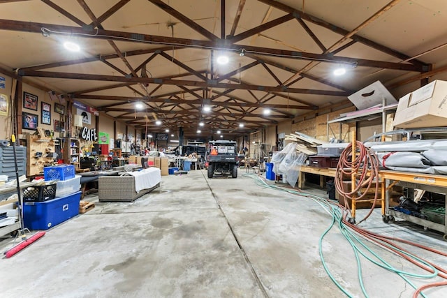 garage with a workshop area