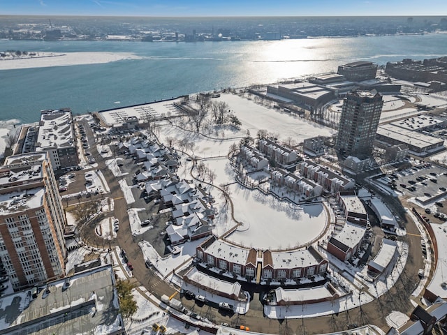 aerial view featuring a water view and a view of city