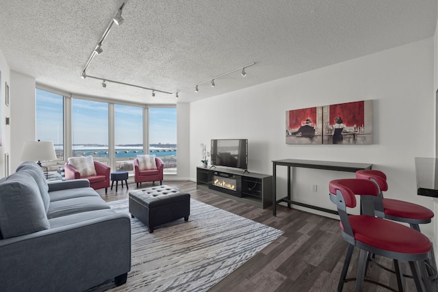 living room with a textured ceiling, wood finished floors, baseboards, expansive windows, and track lighting