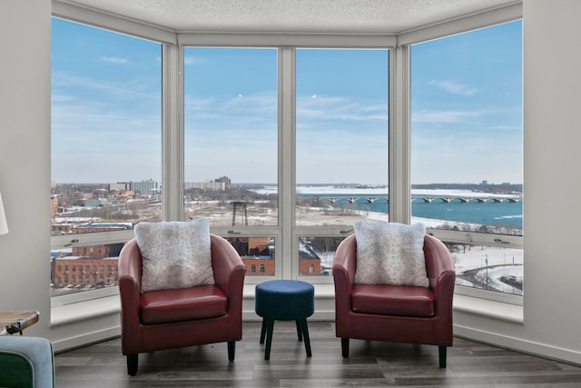 living area with a water view, a view of city, a textured ceiling, and wood finished floors