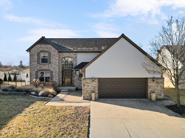 view of front of property with a garage, brick siding, roof with shingles, and driveway