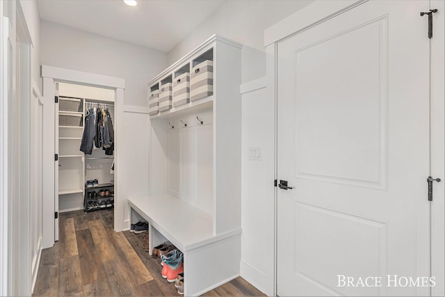 mudroom featuring dark wood-style floors and recessed lighting