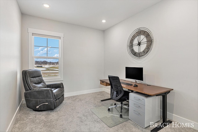 carpeted office space with recessed lighting and baseboards