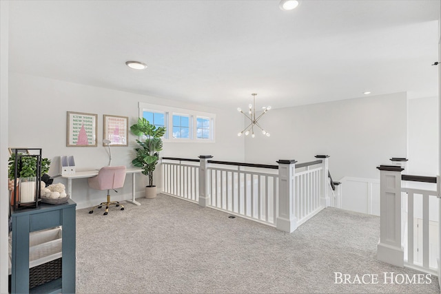 carpeted home office featuring a chandelier and recessed lighting