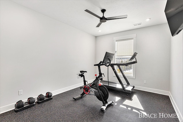 exercise area with visible vents, ceiling fan, a textured ceiling, and baseboards