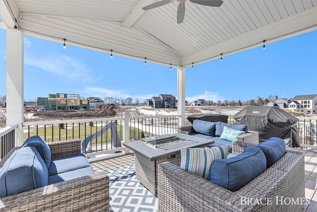 view of patio / terrace with an outdoor hangout area, ceiling fan, and a grill