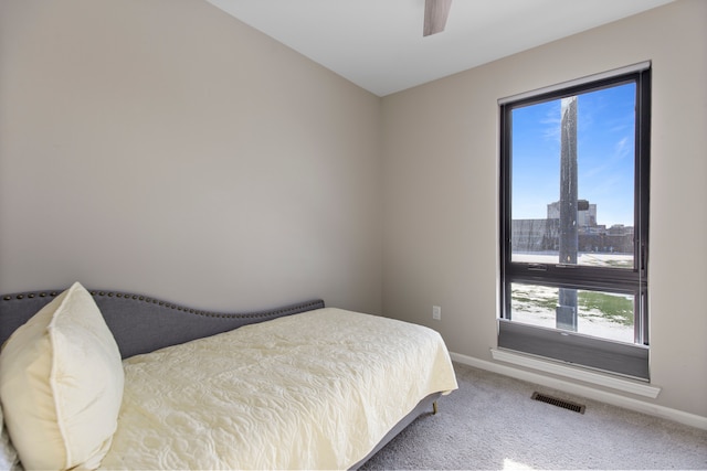 bedroom featuring a view of city, carpet flooring, visible vents, and baseboards