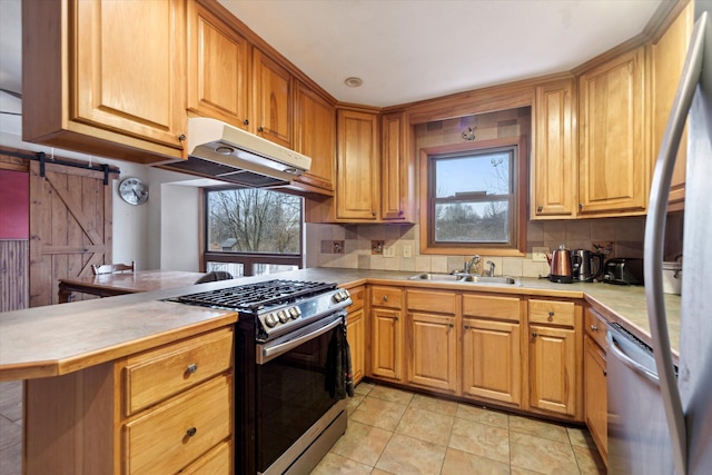 kitchen with a barn door, under cabinet range hood, stainless steel appliances, a peninsula, and a sink