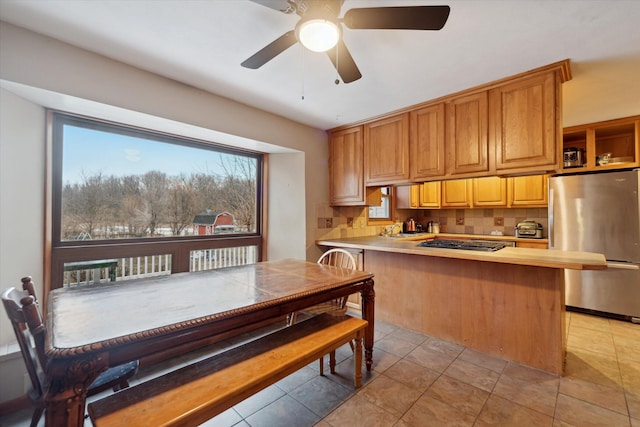 kitchen with appliances with stainless steel finishes, light countertops, a peninsula, and tasteful backsplash