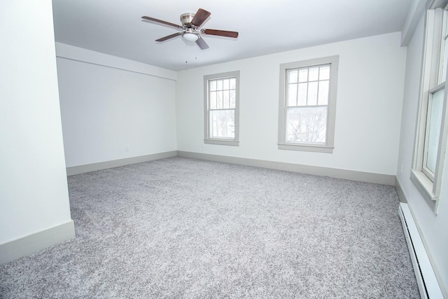 spare room featuring carpet floors, a baseboard radiator, baseboards, and a ceiling fan