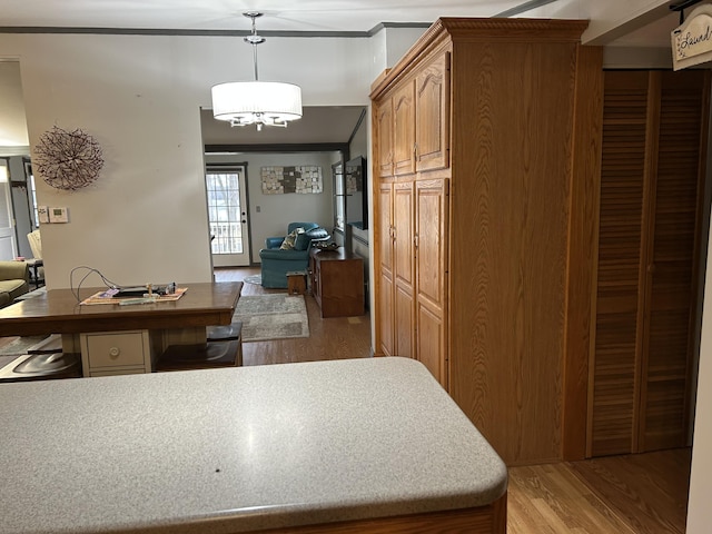 kitchen with light wood finished floors, ornamental molding, pendant lighting, and an inviting chandelier