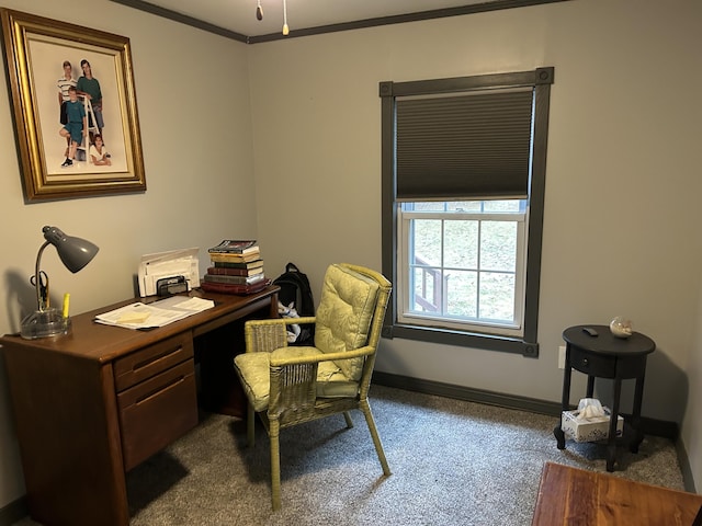 office space with ornamental molding, dark carpet, and baseboards