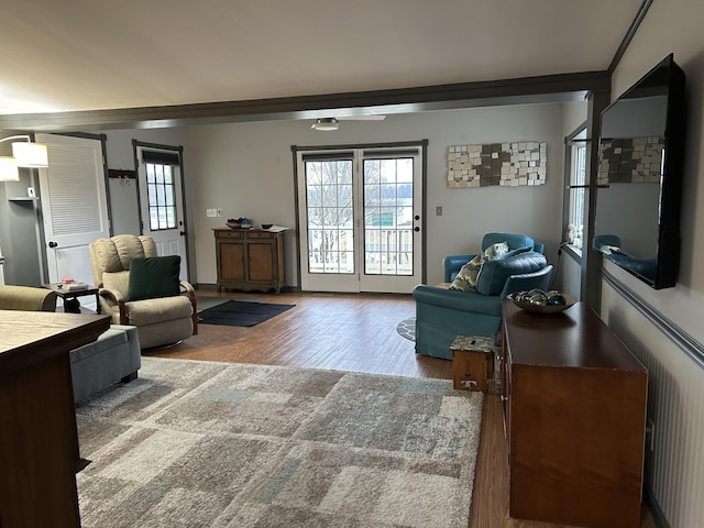 living area with wood finished floors and crown molding